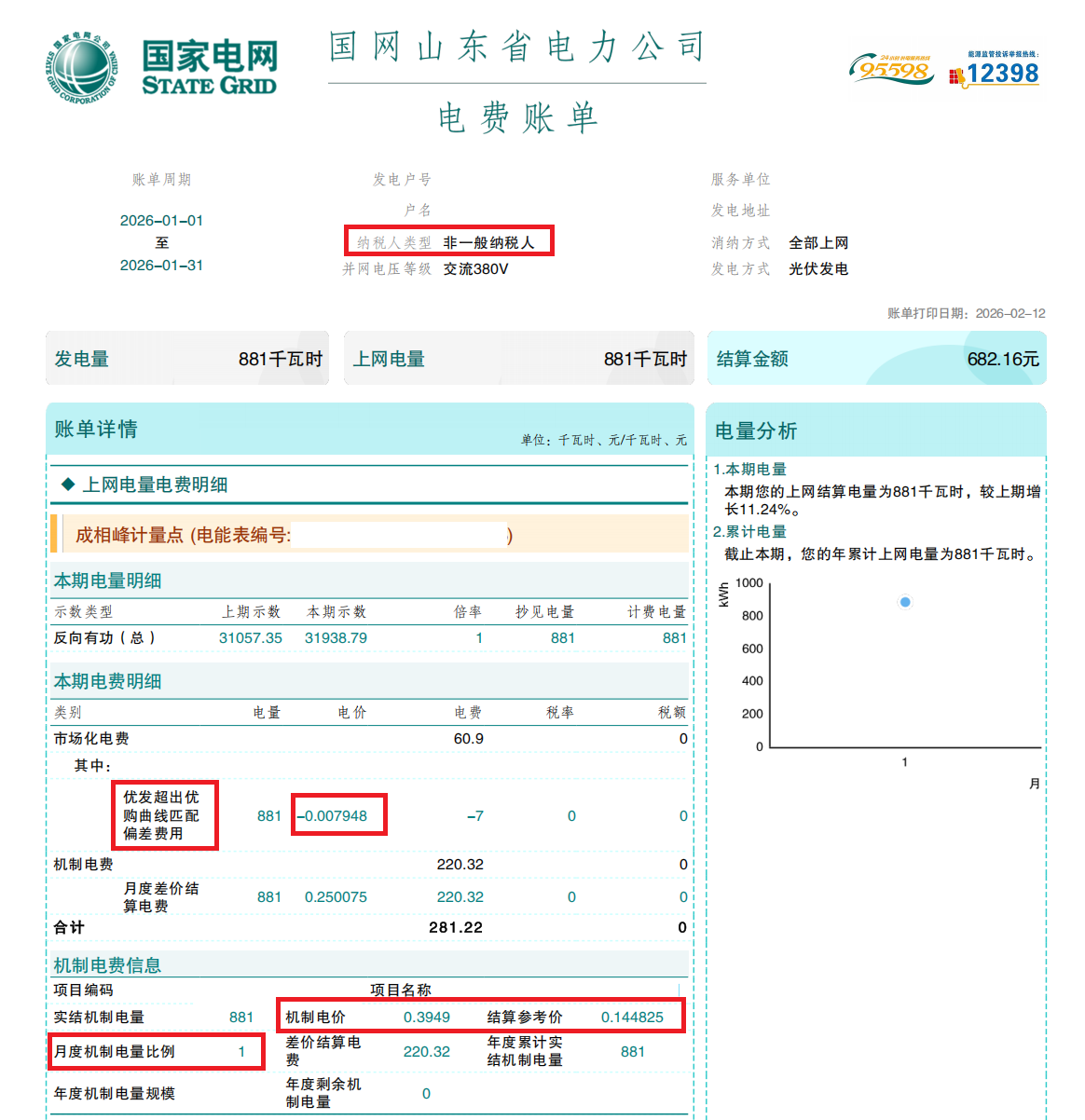 2026年1月，山东户用光伏结算电价计算